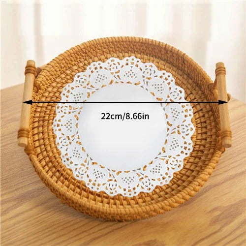 Rattan Handle Storage Basket – Round Woven Tray for Bread, Snacks & Fruit