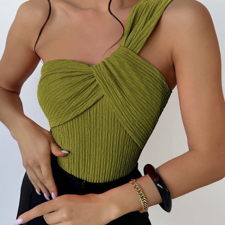 Elegant One-Shoulder Twist Front Ribbed Bodice - Lime Green